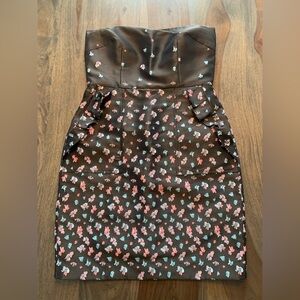 DKNY Strapless Dress Made in Italy Size 8 Black Pink Blue Flowers No Straps.